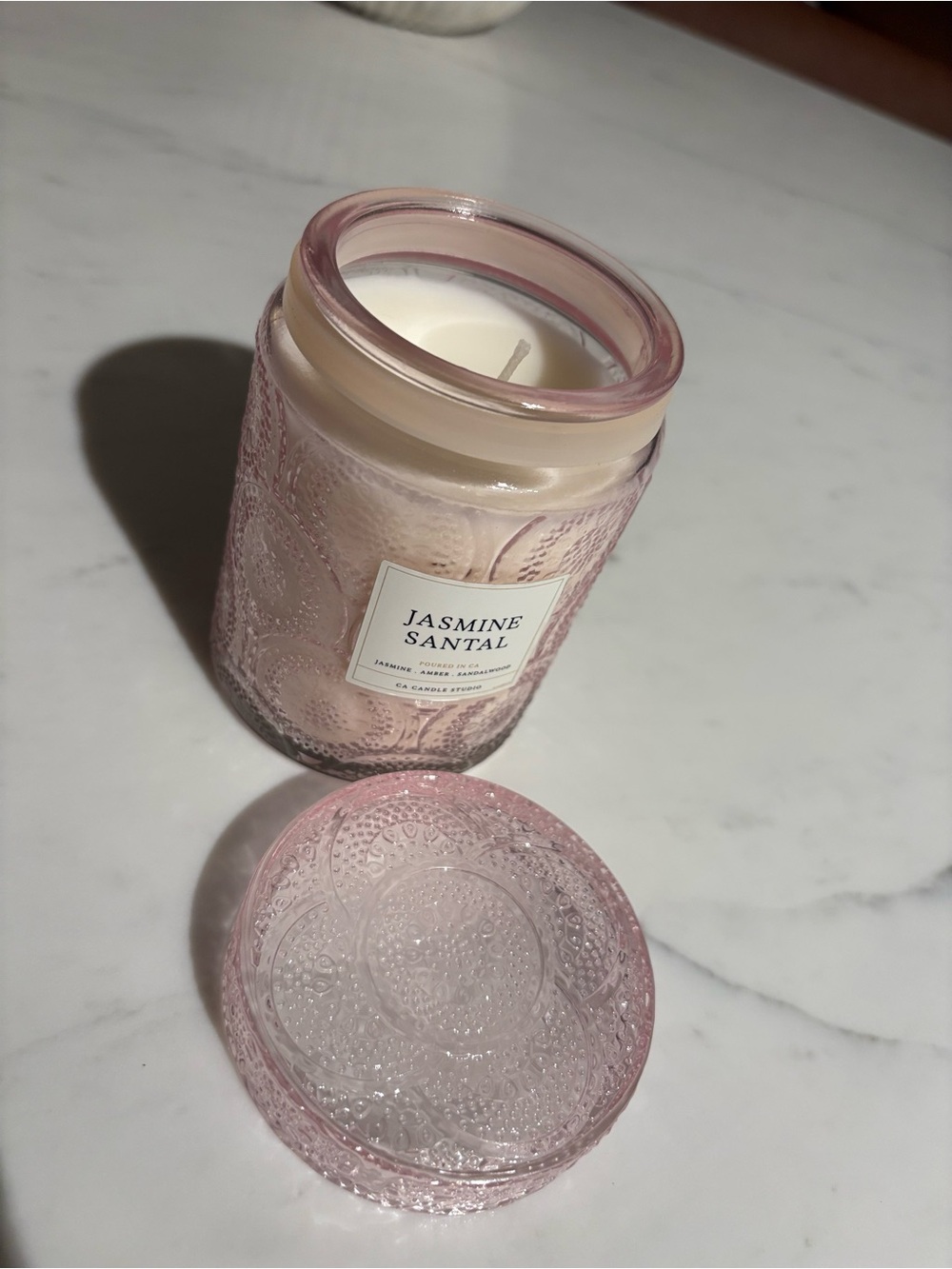 Leoben Company -Jasmine Santal Scented Candle in Pink Textured Glass 9.2 oz - Picture 2 of 5